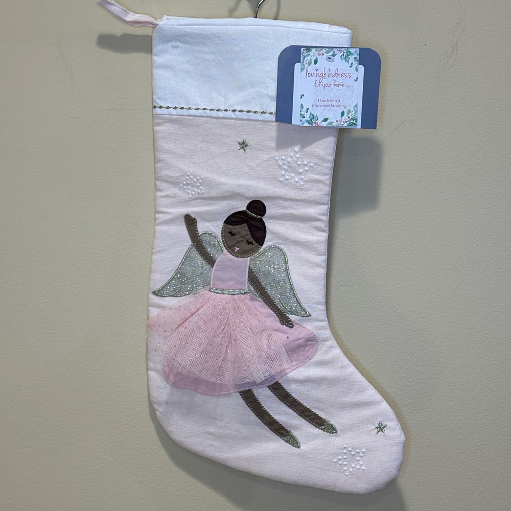 🎄🌟HP🌟Pink Fabric 3D Celestial Angel Christmas Stocking Brown Skin ToneTulleSkirt
